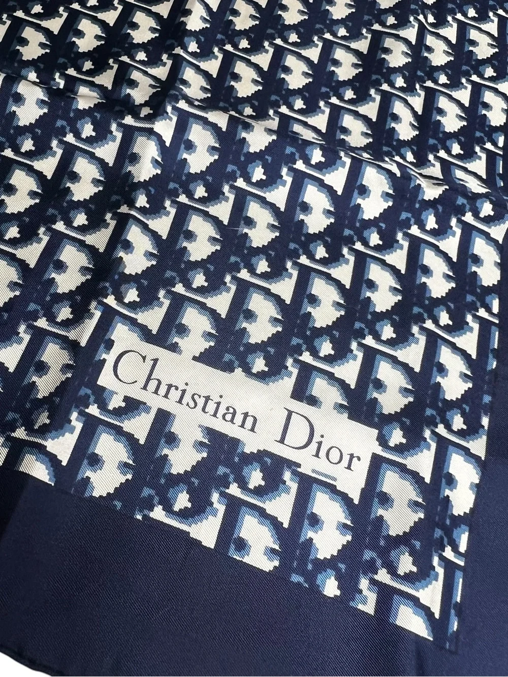 Auth Christian Dior Oblique Trotter Navy Blue Monogram Logo Silk Scarf 34” Large